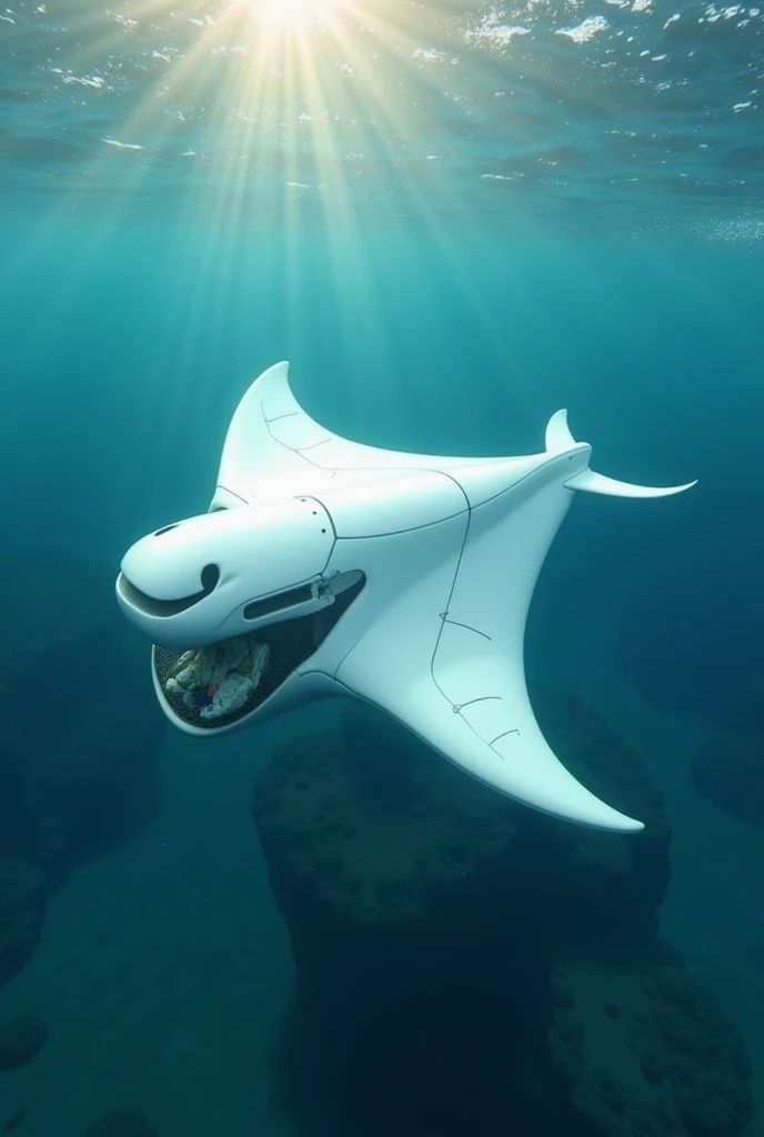 An white colored manta ray robot that floats eating the water surface garbage with its mouth and collects the garbage in its netted belly, also its falps are water bot gliders