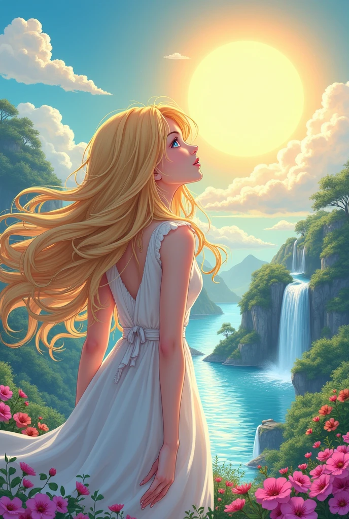 Celeste, a higher being, dreams of a world filled with joy and wonder, inspiring her people through her dreams make her young short and anime art style and hide here face with her hair and her hair color should be blond.