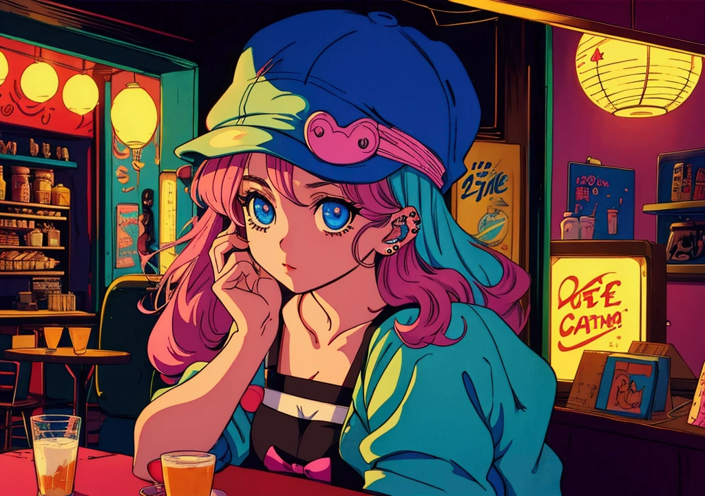 One girl, 80s anime style, retro, lofi, piercing, hat, cafe, night, dark room