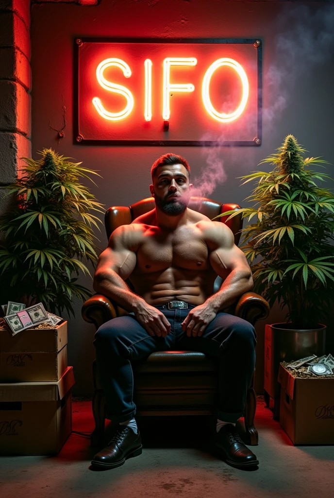 A BUFF STRONG MAN  SITTING DOWN ON A CHAIR  IN A BASEMENT SMOKING WITH WEED PLANTS EVERYWHERE AND BOXES AND MONEY EVERYWHERE WITH  A SIGN SAYING "SINFO"
ON TOP OF HIM
