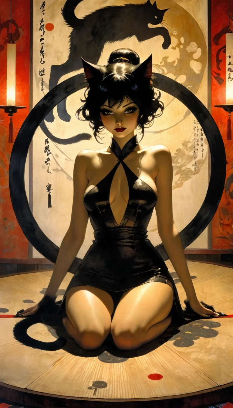 1 sexy girl, a strange black silhouette appears in the magic circle, a sexy girl uses a giant paintbrush to draw a magic circle with ink, writing calligraphy on a large piece of Japanese paper arranged on the ground, a cat walking and leaving marks of black paws on washi paper, dim light, candles placed in the room, inside a Japanese style room, sexy dress (best quality, 4k, 8k, high resolution, masterpiece: 1.2), ultra-detailed, (realistic, photorealistic, photorealistic: 1.37), details intricate, vivid colors, sharp focus, professional, Dave McKean artwork, surrealism oil touch, oil painting style, portrait, woman, beautiful detailed eyes, beautiful detailed lips, dreamy atmosphere, shadow play, lighting soft, fun pose, dark tones, ethereal background, fantasy elements, texture, layered composition.pussy,spread her pussy,cum,cum on pussy,masterbation,straddling,},, powerful composition, emotional impact, Bill Sienkiewicz and Dave Mckeaninspired art