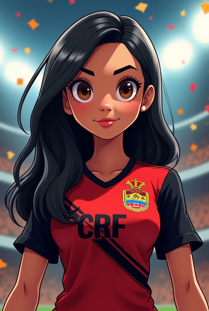 Woman:

body hair: Smooth and black
Eyes:brown.
Height: 1,50
Face: Slightly renting
Clothing: shirt of the Flamengo team
Skin color : veil
Color of the cloth: black and red
Image style: Cartoon
Team symbol : black striped with red , the symbol is a combination of CRF in white 