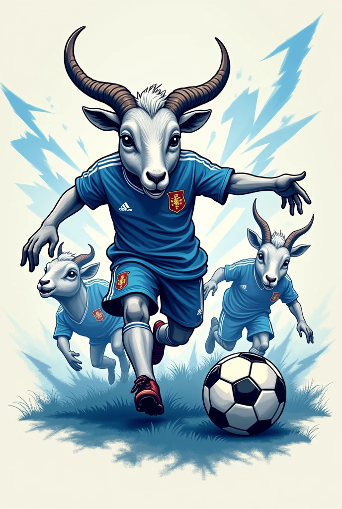 Feautreistic logo of a soccer under the football write the letter in brackets ( Football freak ) with lightning effect  blue color & 2 white color goat play with the ball 1 goat were Argentina jersy another goat weare portugal jersey  3 rd goat were brazil jersy 
