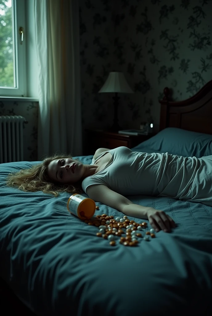 crime scene of a woman killed by medication tampering next to her bedside, just a pot of medicine