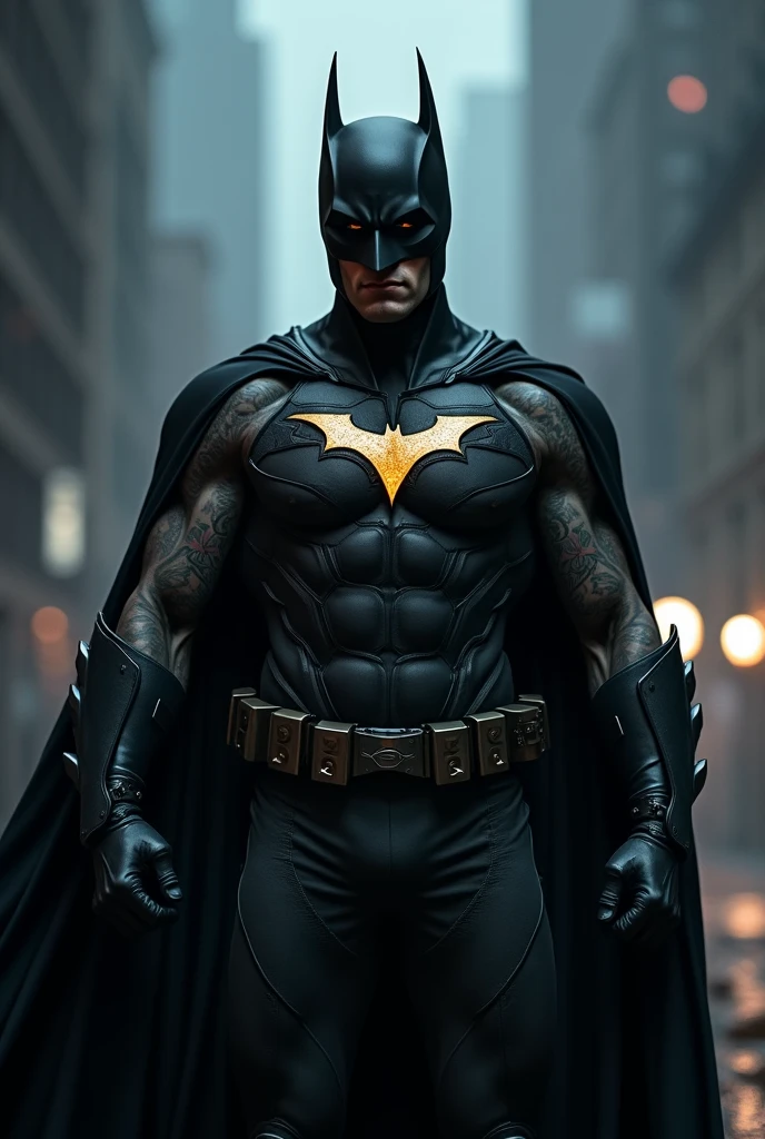 1man, american, batman mask with ears, glowing upside down triangle symbol, black tech suit with metal accentsm, right bare arm, black cape, black boots, dark aura, smoke background