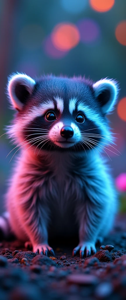 captivating photograph of a cute extra fluffy baby realistic raccoon. bioluminescence, NEON, iridescent 