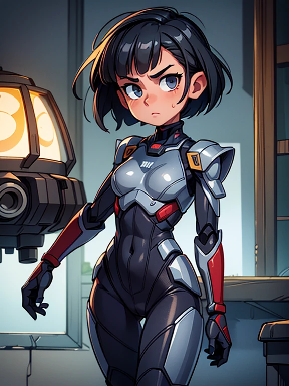 masterpiece, best quality, ultra realistic, hyper-detailed, 8k resolution, RAW photo, sharp focus, (1girl), solo, gorgeous face, slim body, Firm chest,  female, 15yortrait, mecha, dark grey armor, nanosuit, sexy, short hair, cinematic, butt, Buttocks, cinematic light, dark theme