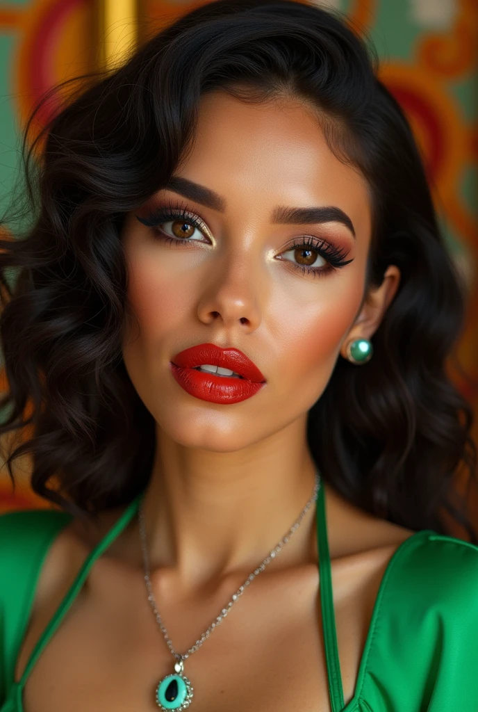There is a woman with a green top and a red lipstick, a colorized photo by Olivia Peguero, trending in instagram, digitl art, sexy face with full makeup, grandes bushy eyebrows e ousadas, bushy eyebrows e grossas e retas, tanned ameera al taweel, bushy eyebrows, megan fox with heavy eye makeup, large bushy eyebrows