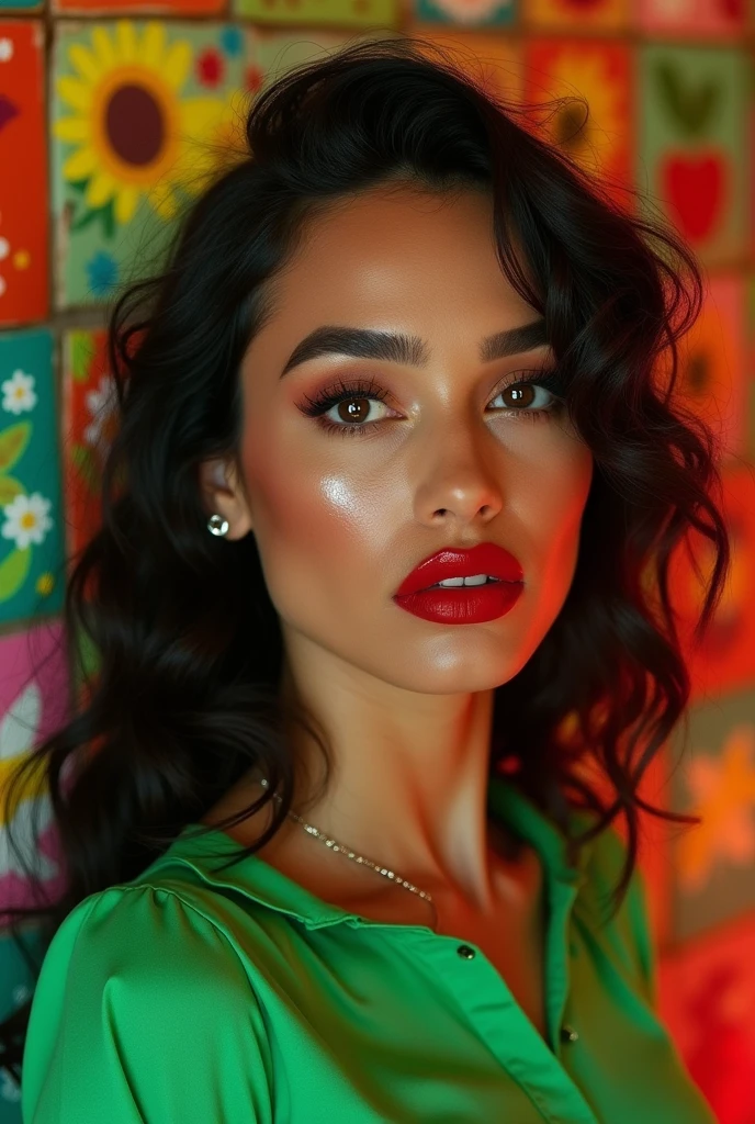 There is a woman with a green top and a red lipstick, a colorized photo by Olivia Peguero, trending in instagram, digitl art, sexy face with full makeup, grandes bushy eyebrows e ousadas, bushy eyebrows e grossas e retas, tanned ameera al taweel, bushy eyebrows, megan fox with heavy eye makeup, large bushy eyebrows