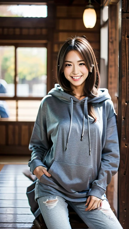 A Japanese milf, photo of one girl, Slender figure, Realistic teeth, wearing oversized hoodie, down hood, smile, full-body, masterpiece, best quality, detailed, beauty, Pub, indoor,
