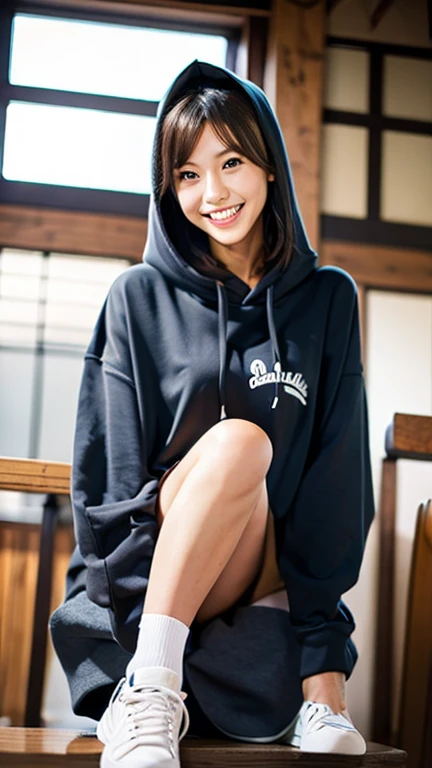 A Japanese milf, photo of one girl, Slender figure, Realistic teeth, wearing oversized hoodie, down hood, smile, full-body, masterpiece, best quality, detailed, beauty, Pub, indoor,
