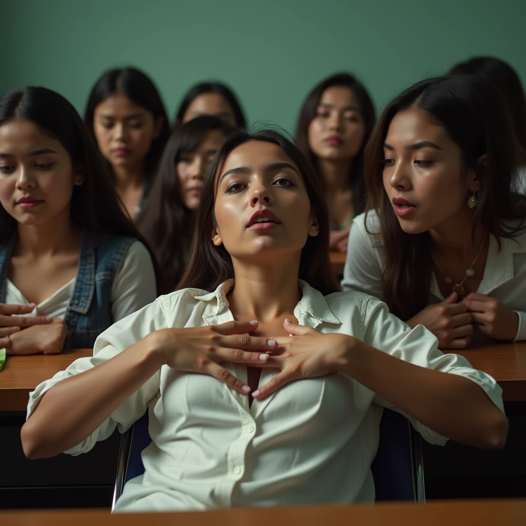 (photorealism:1.2), 16 year old latina schoolgirl performs POV mouth-suction on a caucasian circumsized manhood in a classroom while observed by her female peers. The other girls, these female peers, firmly knead their chests with sleepy gazes and salivating, slack-jawed expressions suggesting they have been placed into deep hypnotic trance.