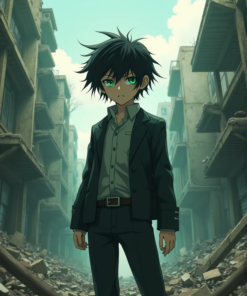 1 boy, teenager, short black messy hair, bright green eyes, stylish Japanese school outfit, Tokyo Ghoul anime illustration, destroyed city background