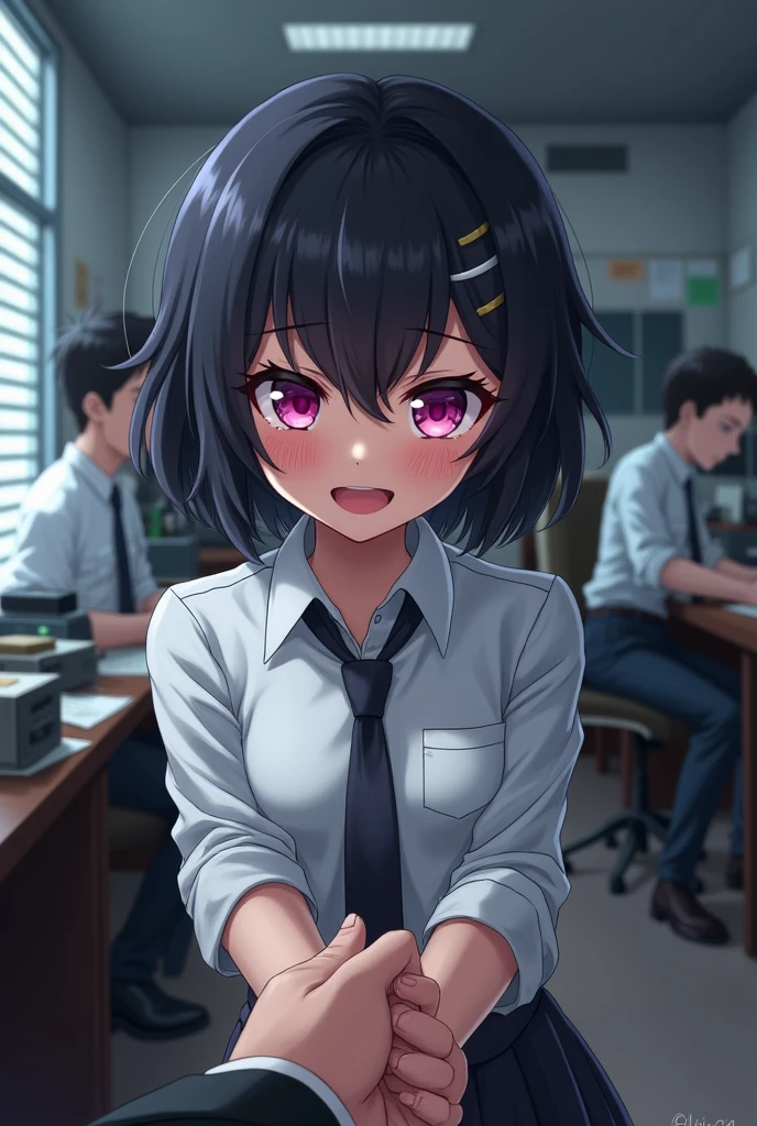 Anime girl with short curly black hair and angular pink eyes wearing a white dress shirt bending over embarrassed and mischievous and sly blushing with shy grin at camera and holding hands with somebody beyond the camera in an police office setting