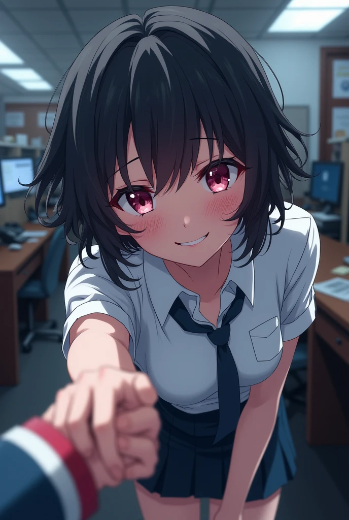 Anime girl with short curly black hair and angular pink eyes wearing a white dress shirt bending over embarrassed and mischievous and sly blushing with shy grin at camera and holding hands with somebody beyond the camera in an police office setting