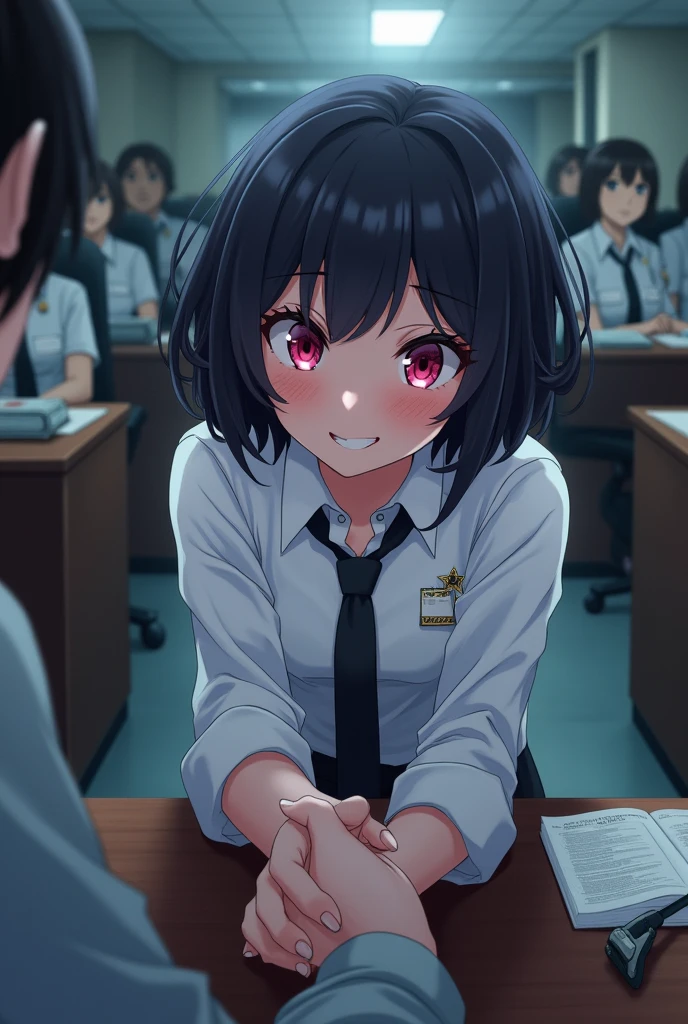 Anime girl with short curly black hair and angular pink eyes wearing a white dress shirt bending over embarrassed and mischievous and sly blushing with shy grin at camera and holding hands with somebody beyond the camera in an police office setting