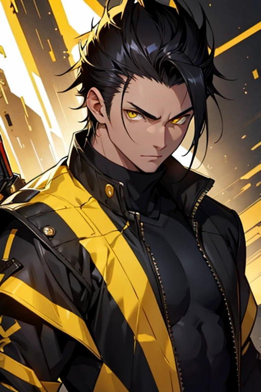 golden eyes,medium body, Teenager, yellow eyes, black hair and spiky hair
