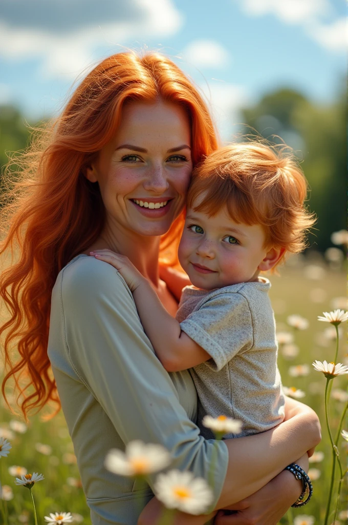 Redheaded woman holding her redheaded son in her arms