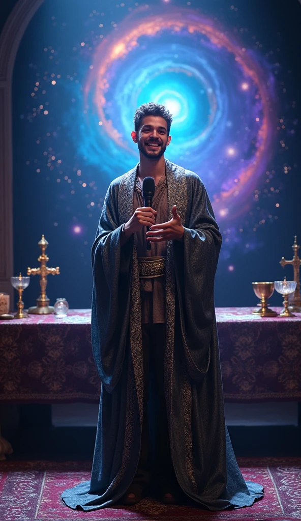 create a young, handsome, smiling, realistic mage with a microphone in hand on a stage, convey depth on a magic stage, In the background a table with a sword, calice de bronze, tarot, above a spiritual portal