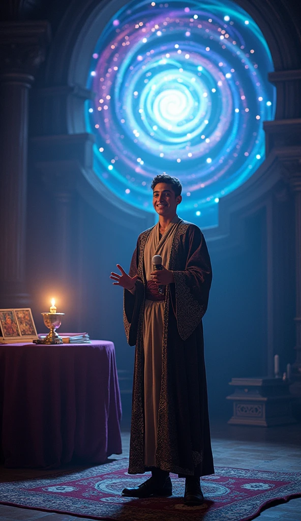 create a young, handsome, smiling, realistic mage with a microphone in hand on a stage, convey depth on a magic stage, In the background a table with a sword, calice de bronze, tarot, above a spiritual portal