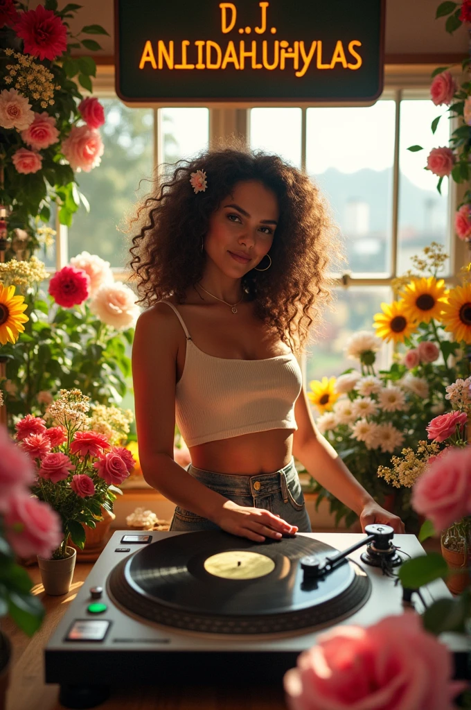 Image of a female DJ in a flower shop with the name D TALLES ANDAHUAYLAS