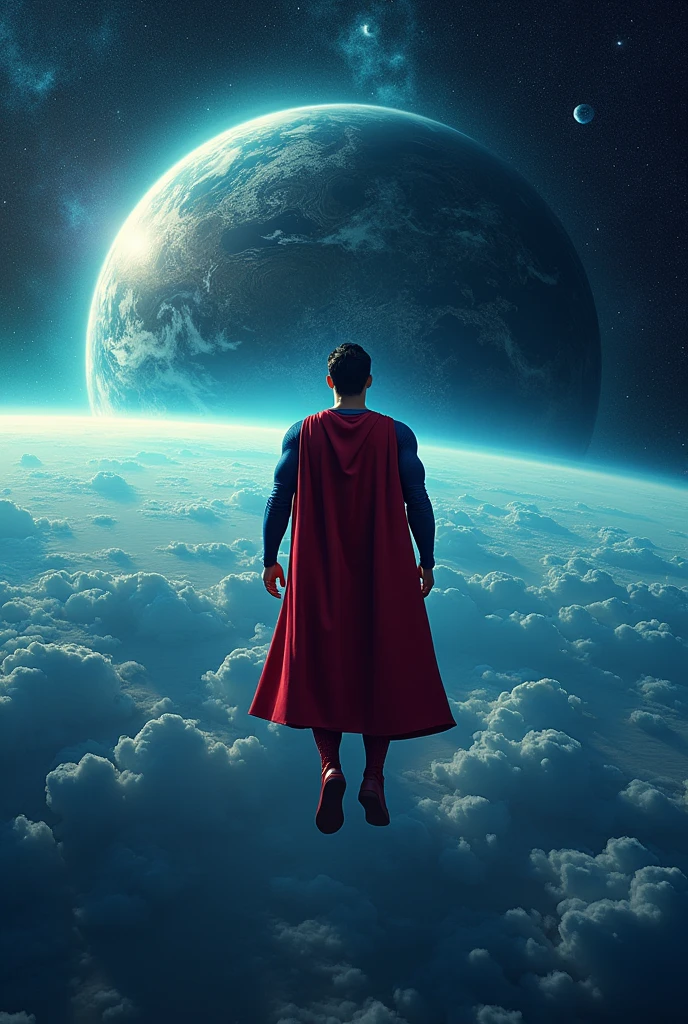 Superman standing on his back, admiring the planet from space