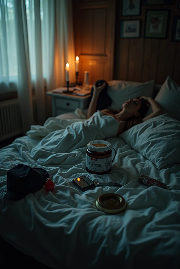 crime scene of a woman killed by medication tampering next to her bedside, just a pot of medicine , But the medicine is closed next to the bed.