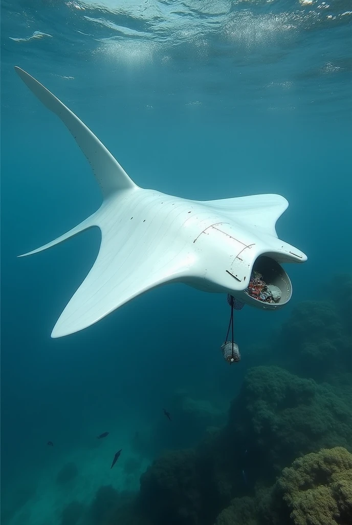 An white colored manta ray robot that floats eating the water surface garbage with its mouth and collects the garbage in its netted belly, also its falps  are water bot gliders