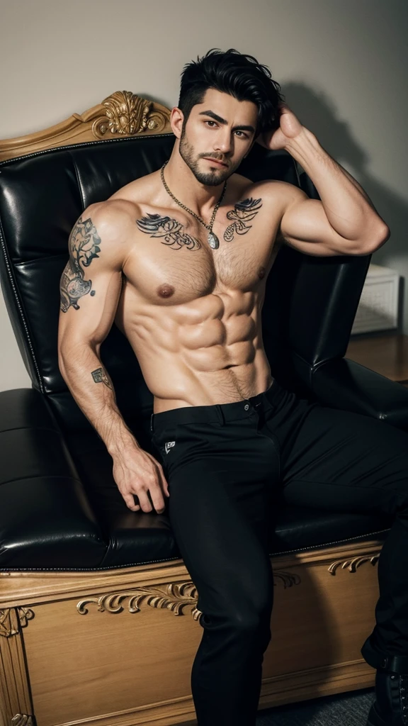 a muscular shirtless man, defined abs and pectorals, wearing black pants, sitting on a throne and looking at the viewer, black hair, facial hair, tattooed chest, solo, male_focus, navel, bara, pants, muscular_male, facial_hair, black_pants, looking_at_viewer, large_pectorals, black_hair,chest_hair, shirtless, chest_tattoo, sexy_expression