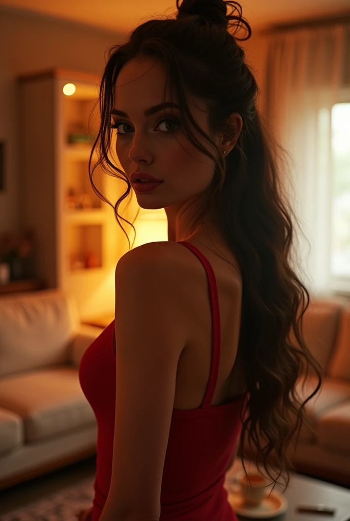 Jolie , Sperme au visage, silhouette mince, vêtements révélateurs, Vêtements mignons, vêtements étriqués, photo prise d&#39;en haut, Visage détaillé, Beaux yeux, long cils, Expression mignonne, salon confortable, Photoréaliste, 4k, Haute qualité