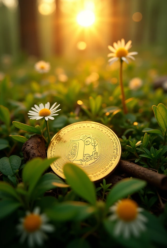 The Coin Shimmering in the Sunlight
"A golden coin shining brightly in the sunlight on the forest floor, with green leaves and flowers around it.