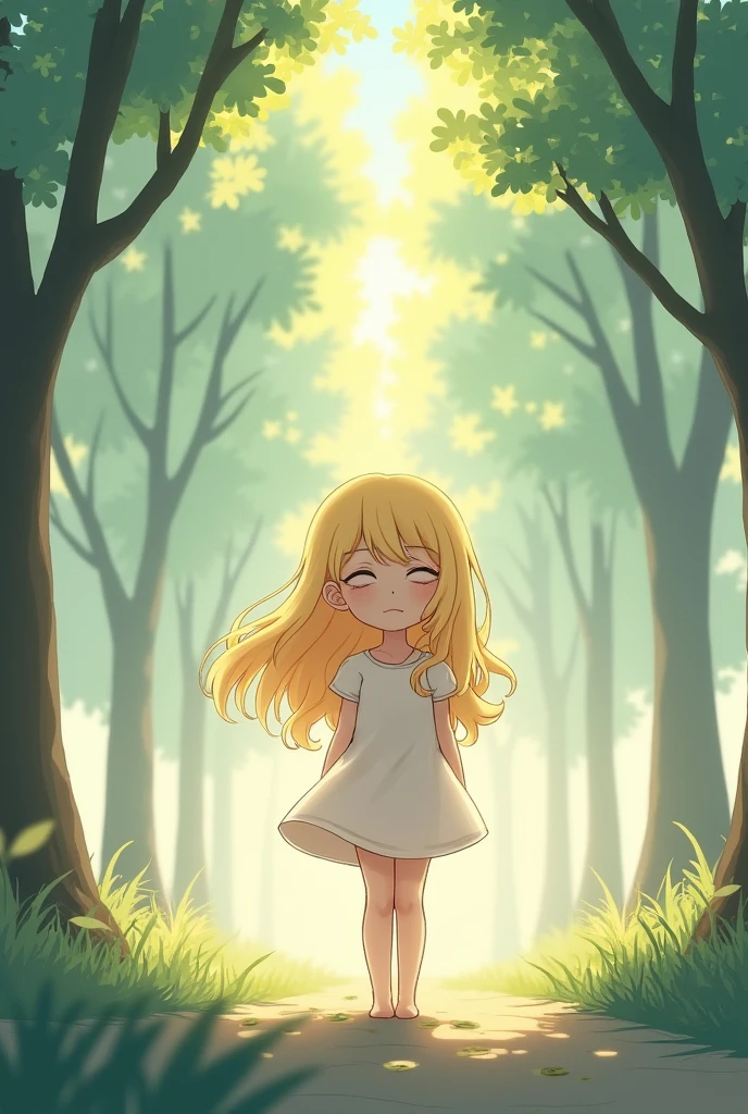 Celeste, a higher being, dreams of a world filled with joy and wonder, inspiring her people through her dreams make her young short and anime art style and hide here face with her hair and her hair color should be blond and the background should be just tree and not flowers make her simple and use anime art style and hide here face.