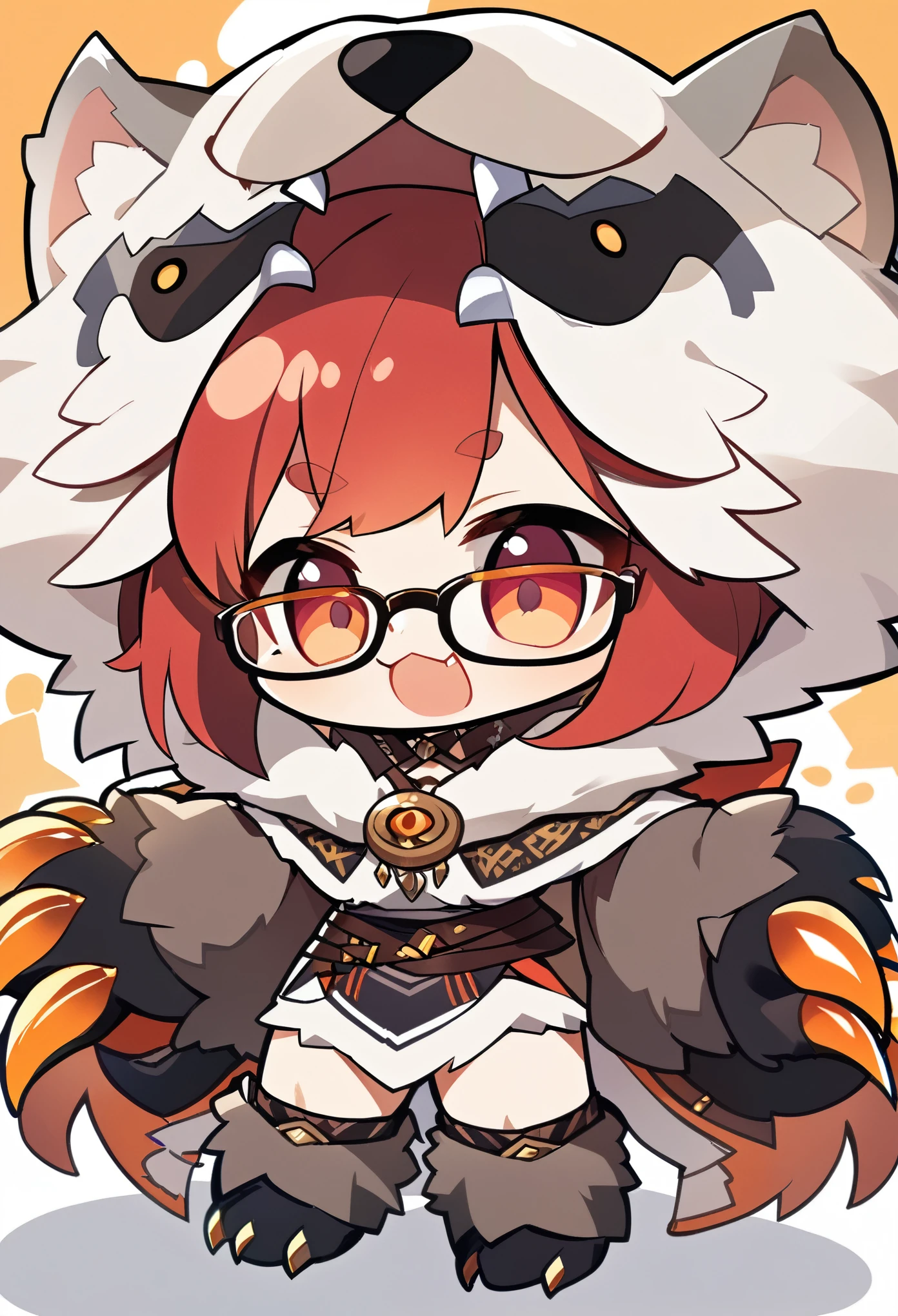 1girl, solo, claws, pelt, short_hair, red_hair, animal_hands, glasses, hood, chibi