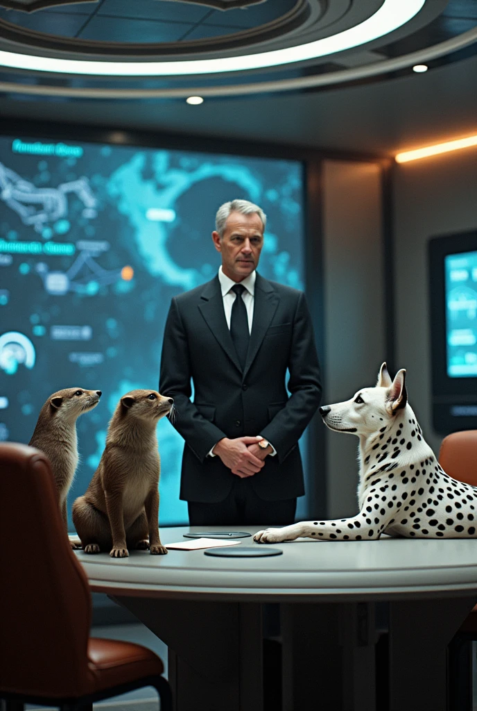 diplomatic attire with otter, two wolf, and Dalmatian sitting in a space ship briefing room