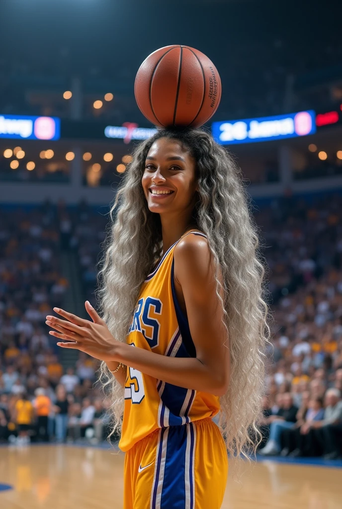 A beautiful youthful looking 
 American version of Ariana Grande as a 50 years old woman with very long hair completely gray hair in a long big curls styles as a retired
NBA player wearing her old NBA jersey shooting the ball in the basket in a nba stadium she is smiling for the camera