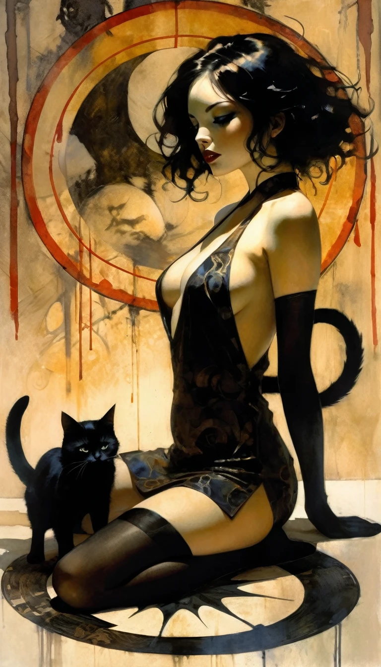 1 sexy girl, a strange black silhouette appears in the magic circle, a sexy girl uses a giant paintbrush to draw a magic circle with ink, writing calligraphy on a large piece of Japanese paper arranged on the ground, a cat walking and leaving marks of black paws on washi paper, dim light,sexy dress, candles placed in the room, inside a Japanese style room, art inspired by Bill Sienkiewicz, (best quality, 4k, 8k, high resolution, masterpiece: 1.2), ultra-detailed, (realistic, photorealistic, photorealistic: 1.37), details intricate, vivid colors, sharp focus, professional, Dave McKean artwork, surrealism oil touch, oil painting style, portrait, woman, beautiful detailed eyes, beautiful detailed lips, dreamy atmosphere, shadow play, lighting soft, fun pose, dark tones, ethereal background, fantasy elements, texture, layered composition.eroticism, sexy, black and white image, between shadows, oil painting, chiaroscuro, sensual, dramatic lighting, moody atmosphere, photorealistic, intricate details, masterpiece, ultra-detailed, high quality, 8k, best quality, realistic, cinematic, dark and brooding, expressionistic, powerful composition, emotional impact, .pussy,spread her pussy,cum,cum on pussy,masterbation,straddling,},, powerful composition, emotional impact, Bill Sienkiewicz and Dave Mckeaninspired art