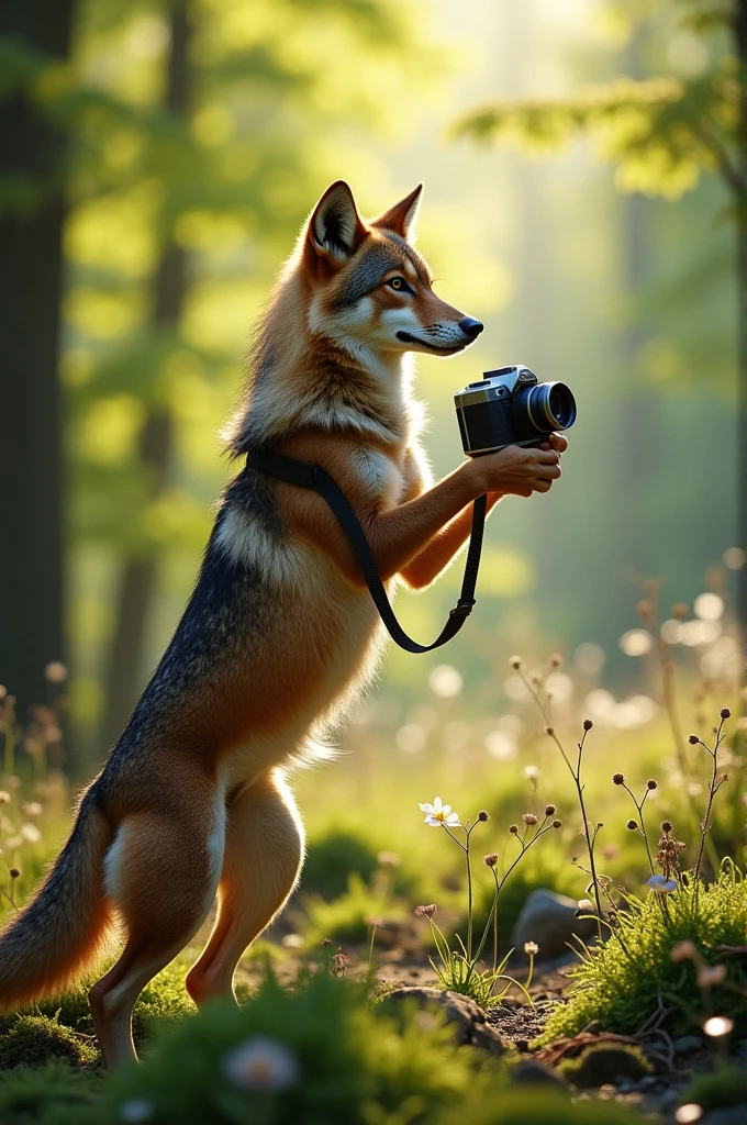 A brown wolf with a camera in its paws 
