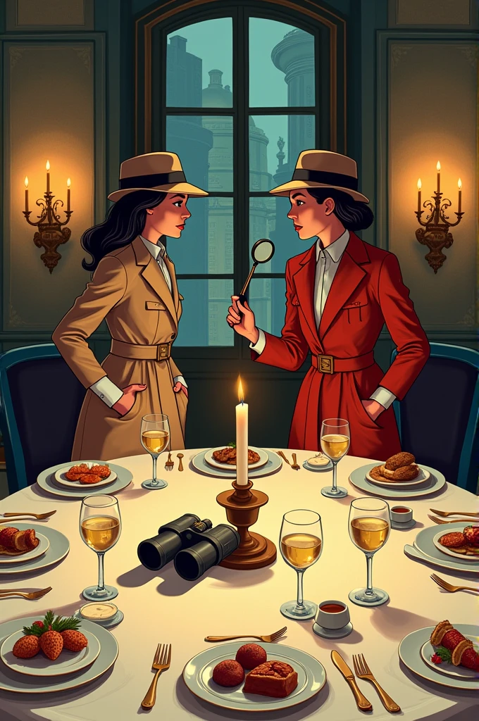 Create an illustrative design for a secret invitation
Calling a special night of a gastronomic mission with , magnifying glass illustration , binoculars, race track, petiscos, and female detectives.
And the most detailed drawings.
With the information
Date August 14th
7:30 p.m.
Location : in your residence