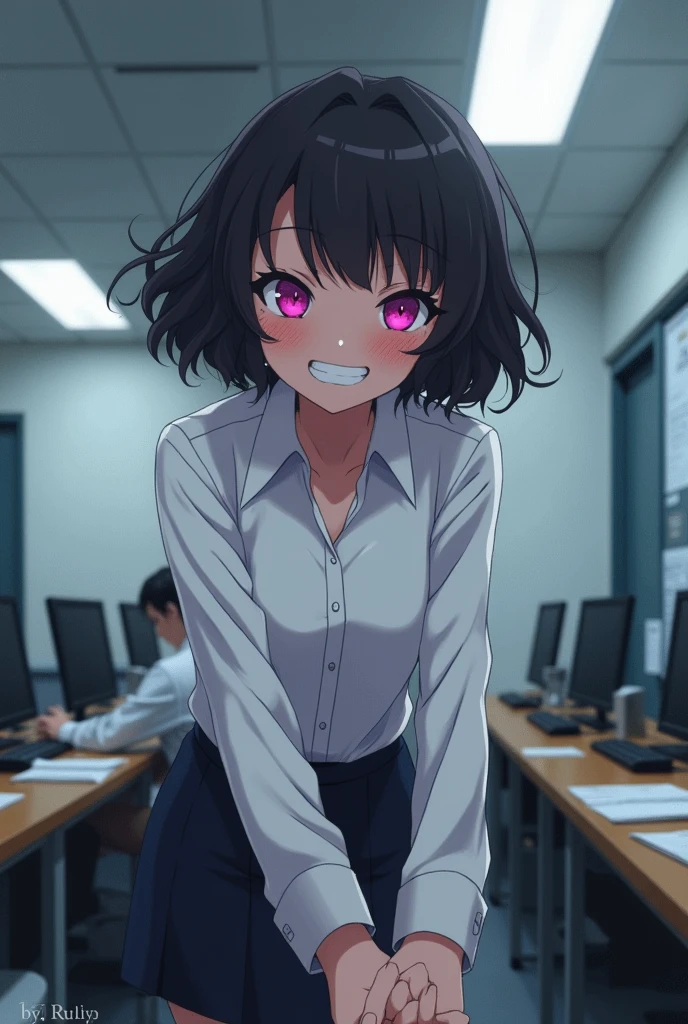 Anime girl with short curly black hair and angular pink eyes wearing a white dress shirt bending over embarrassed and mischievous and sly blushing with shy grin at camera and holding hands with somebody beyond the camera in an police office setting