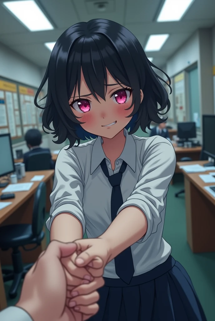 Anime girl with short curly black hair and angular pink eyes wearing a white dress shirt bending over embarrassed and mischievous and sly blushing with shy grin at camera and holding hands with somebody beyond the camera in an police office setting