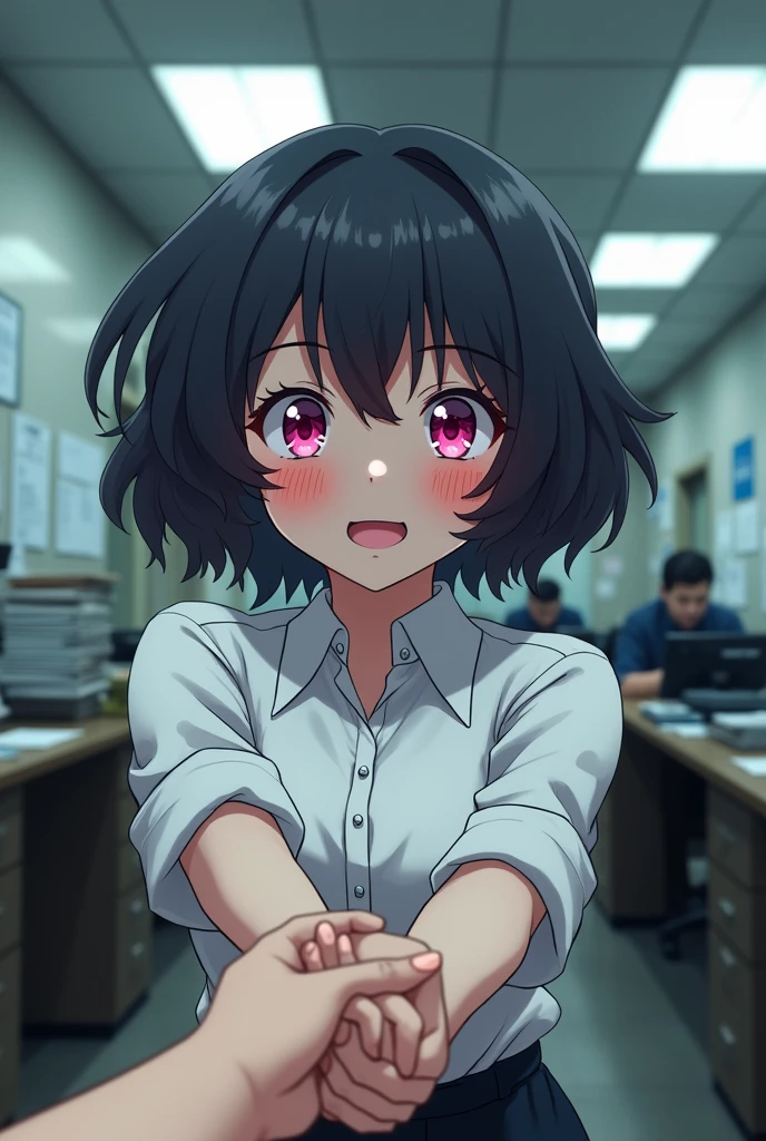 Anime girl with short curly black hair and angular pink eyes wearing a white dress shirt bending over embarrassed and mischievous and sly blushing with shy grin at camera and holding hands with somebody beyond the camera in an police office setting