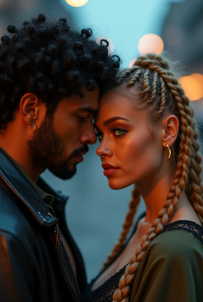 (photorealism:1.2), a man and a woman, man with black hair and amber eyes, woman with braided blonde hair and green eyes.