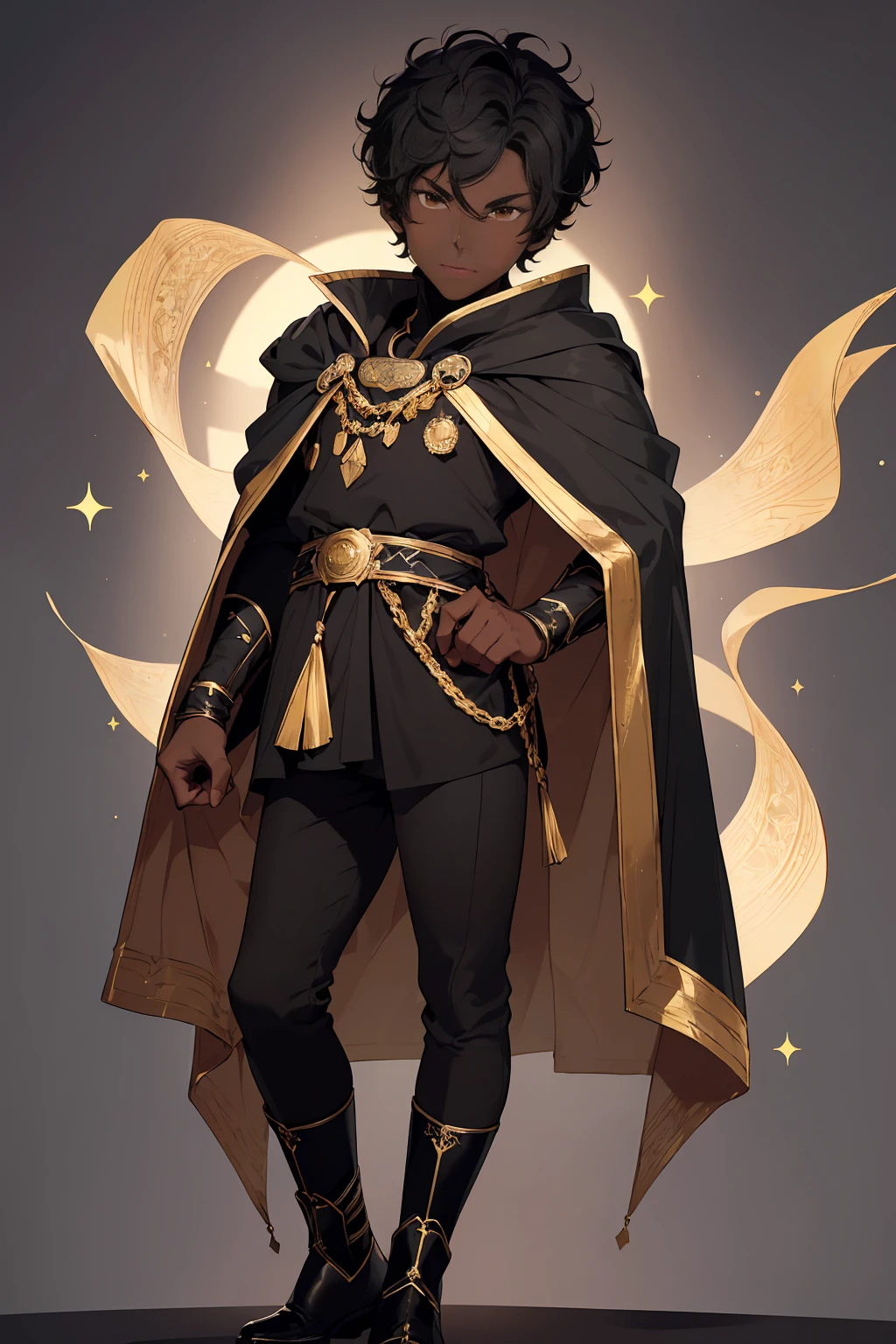 (Boy1),(Man of the masculine gender),(young),(Full body portrait:1.5),(17 year old teenager),(average physical height),(height 1.86cm),(Dark skin:2.0),(mixed facial caricatures oval face and thick flat nose but a little thin And big mouth but smaller and a little thin),(short curly hair on both sides),(dark brown eyes),(young appearance of a teenager),(Wearing),+,(an 8th century emperor's outfit consisting of a still shiny black cape and black pants with black boots with gold lines and a blouse with black sleeves with gold)