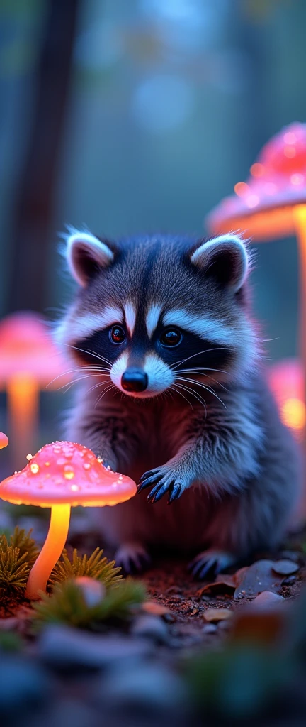 captivating photograph of a cute extra fluffy baby realistic raccoon. bioluminescence, NEON, iridescent