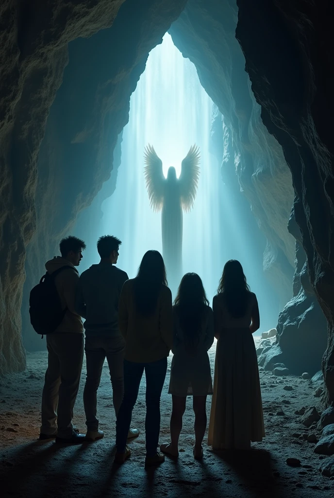 A group of people in a cave looking towards the exit, In the exit there's a blurry angel waiting for them