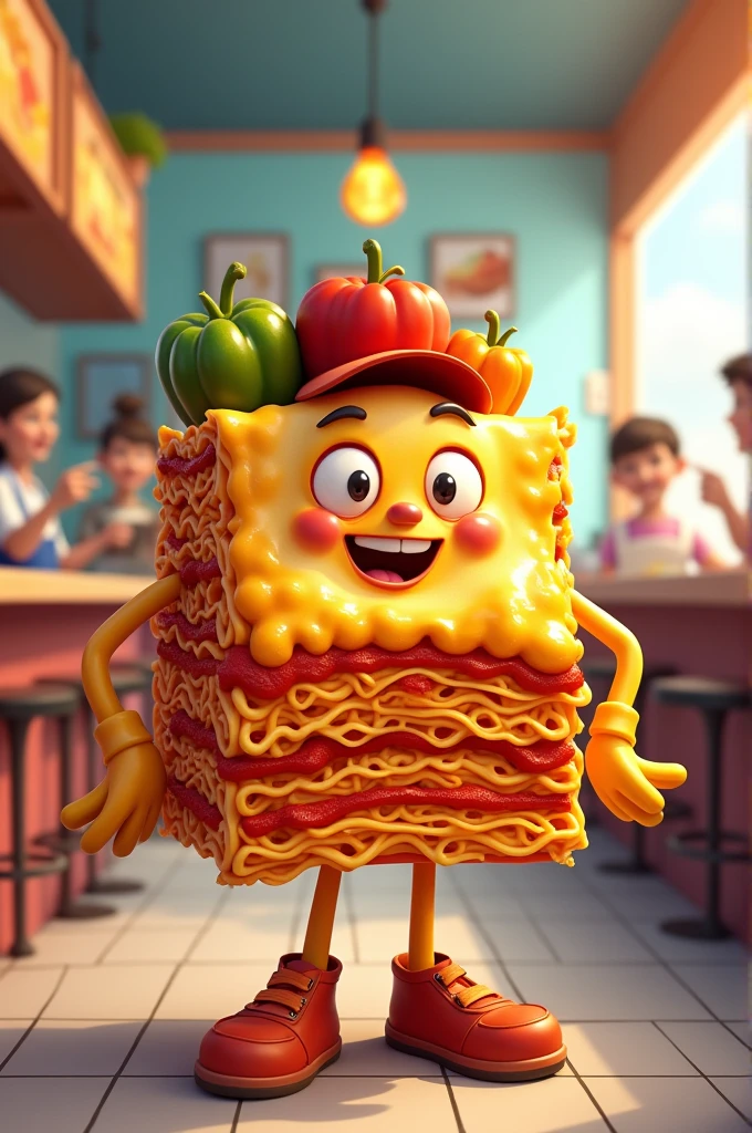 A lasagna turned into a person for a fast food restaurant advertisement