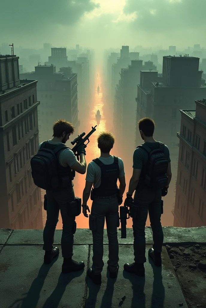 A group of survivors made up of Leon Kennedy,There are people,Chris Redfield and Jack Muller on a rooftop watching as millions of hungry zombies come towards them while they load their weapons 