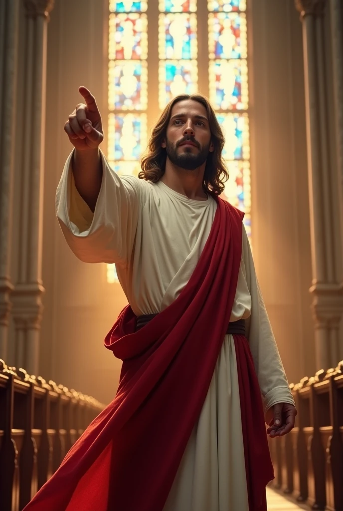 Jesus Christ pointing the finger in first person With a church behind