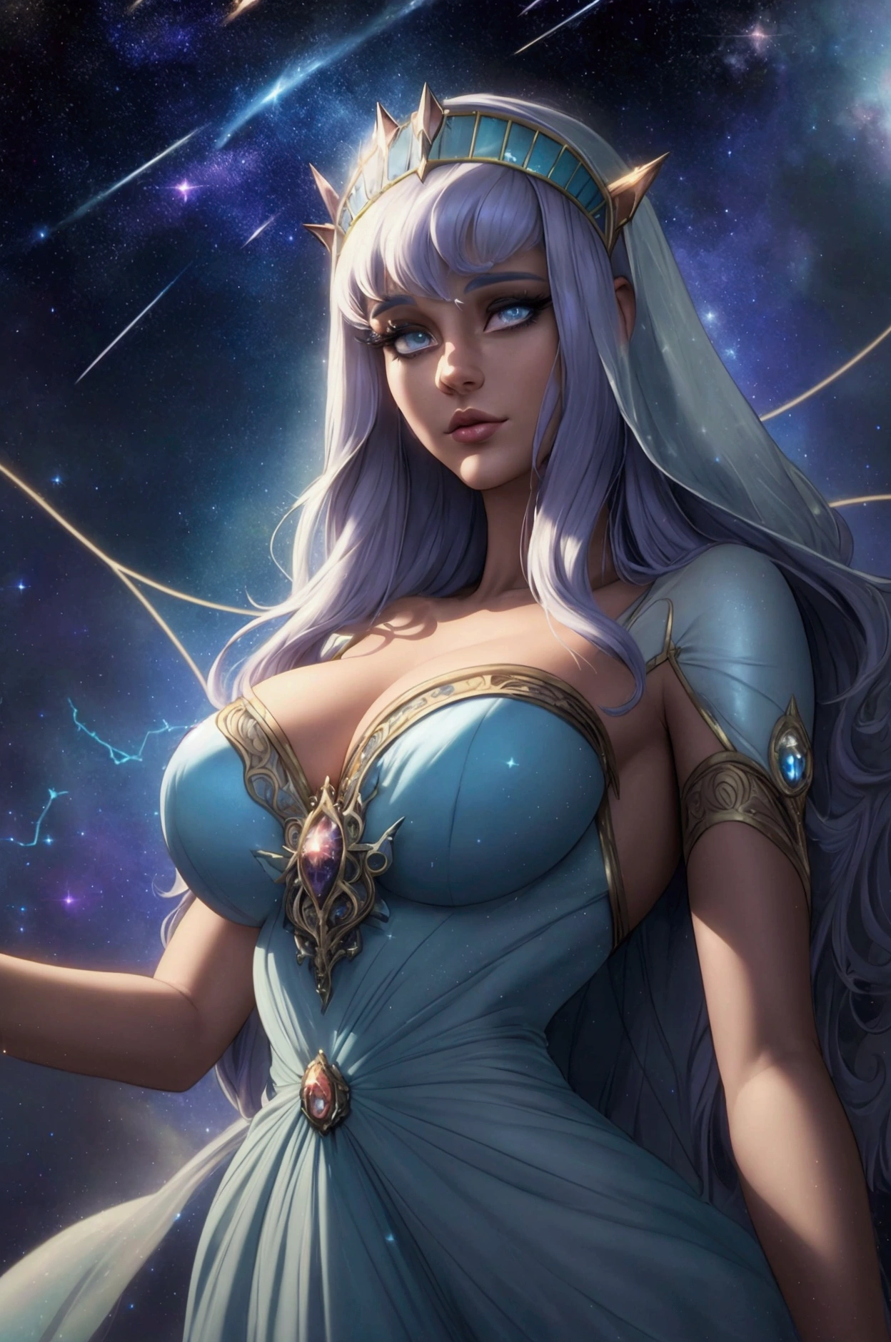 (in Don Bluth style:1.4), (masterpiece:1.2), (A female celestial enchantress with hair that cascades like a waterfall of stars and a dress that shimmers with constellations, attire inspired by the cosmos and the night sky, rendered in a mystical ethereal style with swirling celestial patterns, wearing unique Avant-garde masterpiece attire and headdress:1.1), (lit by the harsh flickering light of a distant lightning storm, set against the backdrop of a derelict space station floating in the void of space:1.1), (upper body portrait from the Waist:1.1), (hyperdetailed:1.1), (intricate details:1.0), (Refined details:1.1), (best quality:1.1), (very stylish detailed modern haircut, mesmerizing detailed radiant face, mesmerizing detailed beautiful eyes:1.2)