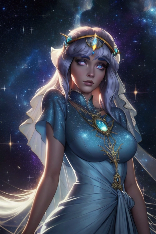 (in Don Bluth style:1.4), (masterpiece:1.2), (A female celestial enchantress with hair that cascades like a waterfall of stars and a dress that shimmers with constellations, attire inspired by the cosmos and the night sky, rendered in a mystical ethereal style with swirling celestial patterns, wearing unique Avant-garde masterpiece attire and headdress:1.1), (lit by the harsh flickering light of a distant lightning storm, set against the backdrop of a derelict space station floating in the void of space:1.1), (upper body portrait from the Waist:1.1), (hyperdetailed:1.1), (intricate details:1.0), (Refined details:1.1), (best quality:1.1), (very stylish detailed modern haircut, mesmerizing detailed radiant face, mesmerizing detailed beautiful eyes:1.2)